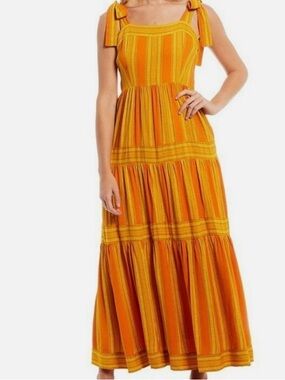 Striped Orange Tie-Shoulder Tiered Maxi Dress